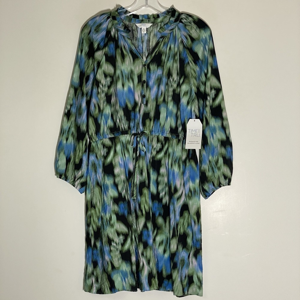 Time and Tru‎ Dress Womens Medium Blue Green Ikat Ruffle Neck Pockets Boho NEW